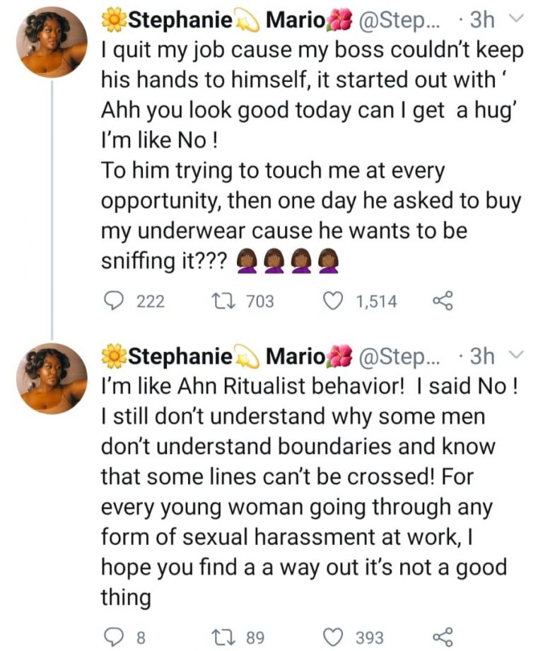 “I Had To Quit My Job Because My Boss Asked To Buy My Under Wear So He Could Be Sniffing It” – Lady cries out | MarvelTvUpdates