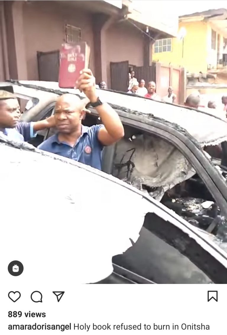 [VIDEO]: Bible Remains Intact As Fire Burns Car And Everything Inside It In Onitsha | MarvelTvUpdates