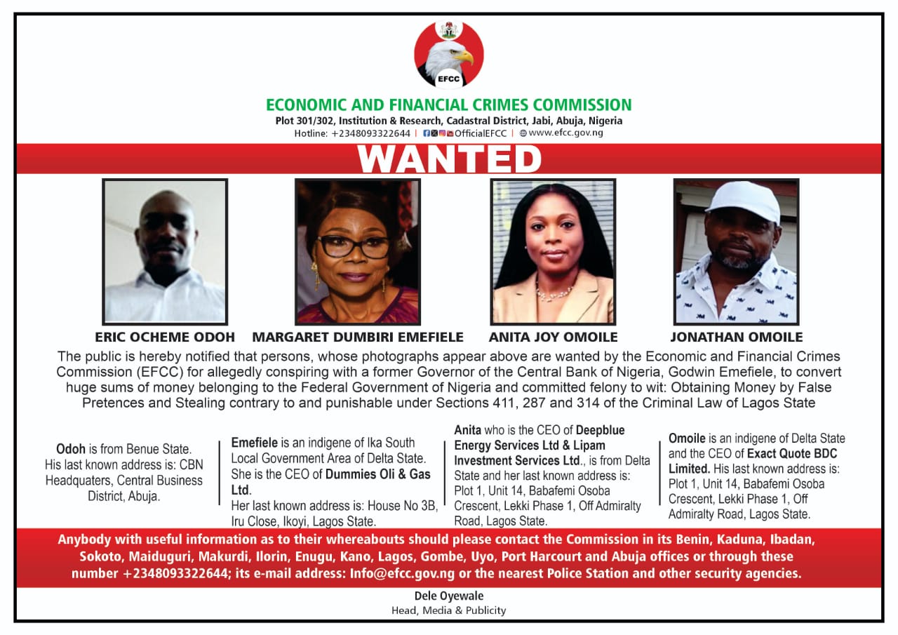 EFCC Declares Godwin Emefiele’s Wife, 3 Others Wanted | MarvelTvUpdates