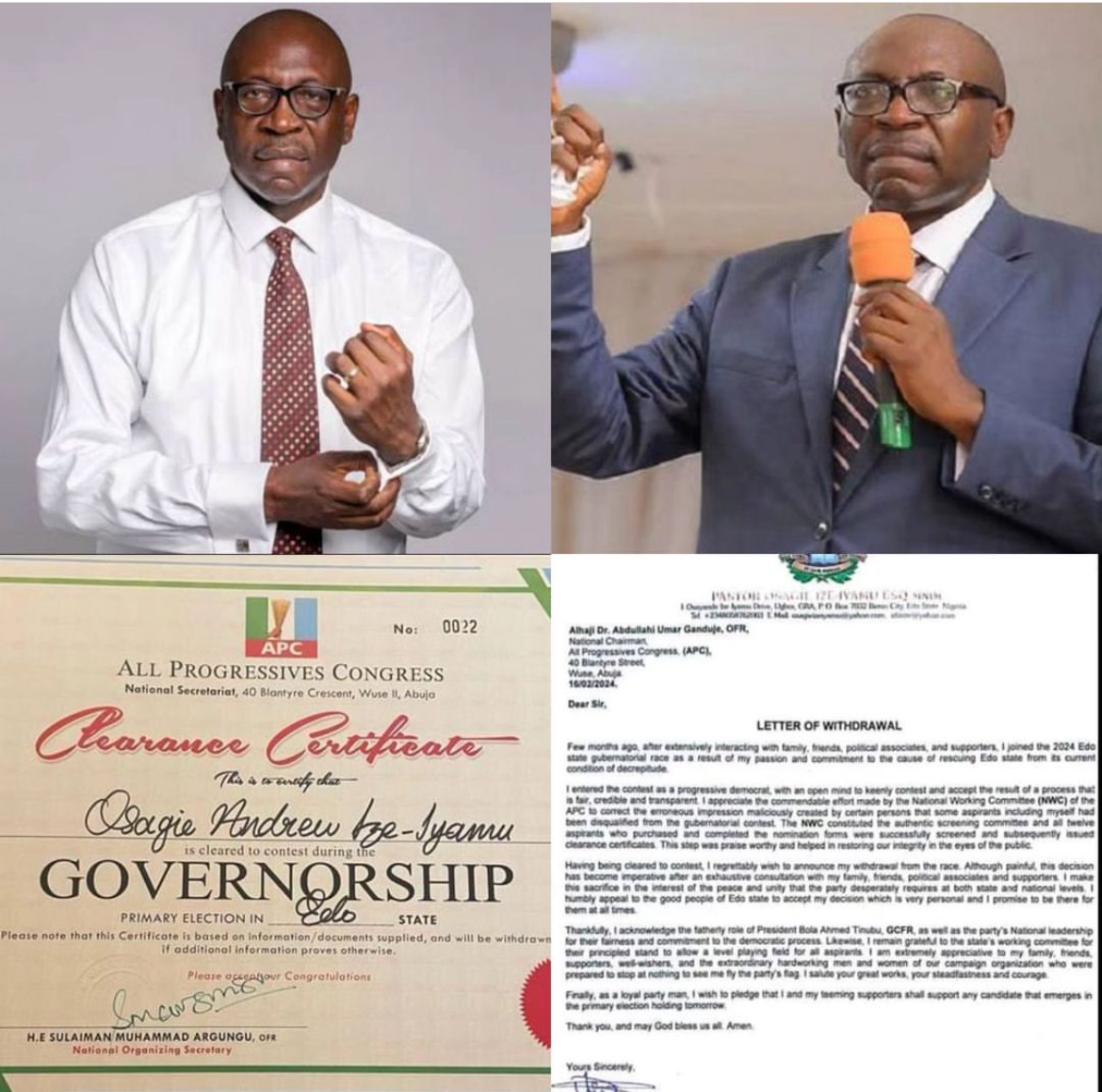 Pastor Ize-lyamu Withdraws From APC Primary For Edo Guber Election | MarvelTvUpdates