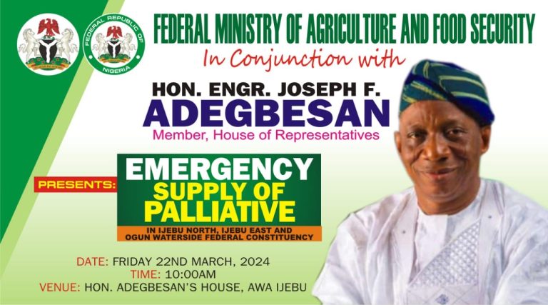 Reps Member Representing Ijebu East/Ogun Waterside, Hon. Adegbesan To Roll Out FG Emergency Palliatives To Constituents At His Country Home | MarvelTvUpdates